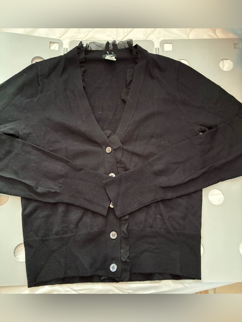 J. Crew Merino Ruffled V-neck Wool Cardigan in Black